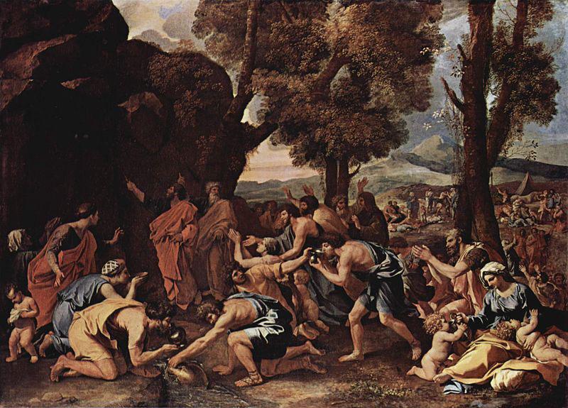 Nicolas Poussin Moses schlagt Wasser aus dem Felsen oil painting image